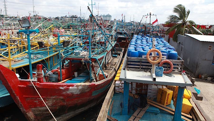 Ribuan kapal nelayan yang bersandar saling berhimpitan dengan jarak yang sangat rapat. (Bloomberg Technoz/Andrean Kristianto)