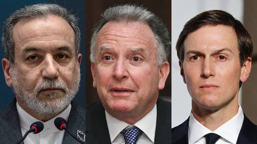Menteri Luar Negeri Iran Abbas Araghchi, Utusan AS Steve Witkoff, dan menantu Presiden Donald Trump, Jared Kushner. (Bloomberg)