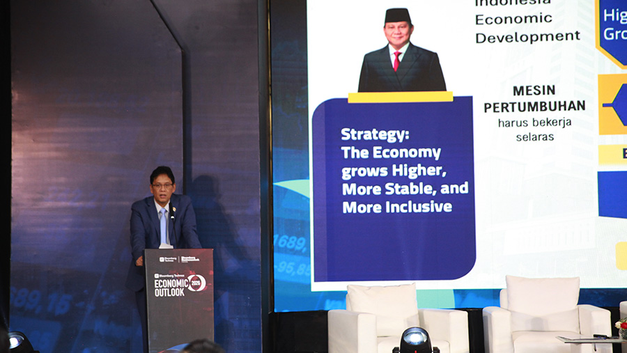 Menkeu Purbaya Yudhi Sadewa saat Bloomberg Technoz Economic Outlook 2026 di Jakarta, Kamis (12/2/2026). (Bloomberg Technoz/Andrean Kristianto)