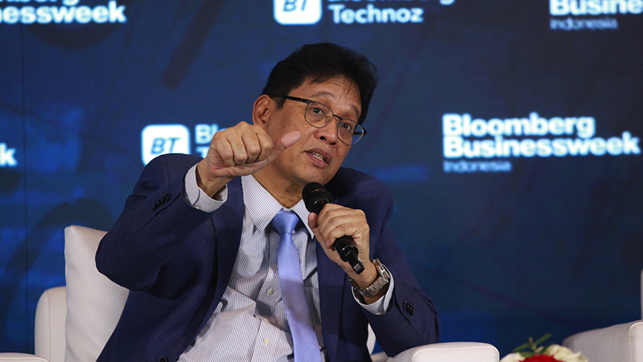 Menkeu Purbaya Yudhi Sadewa saat Bloomberg Technoz Economic Outlook 2026 di Jakarta, Kamis (12/2/2026). (Bloomberg Technoz/Andrean Kristianto)