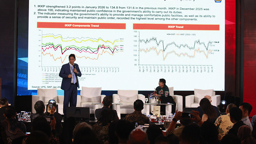 Menkeu Purbaya Yudhi Sadewa saat Bloomberg Technoz Economic Outlook 2026 di Jakarta, Kamis (12/2/2026). (Bloomberg Technoz/Andrean Kristianto)