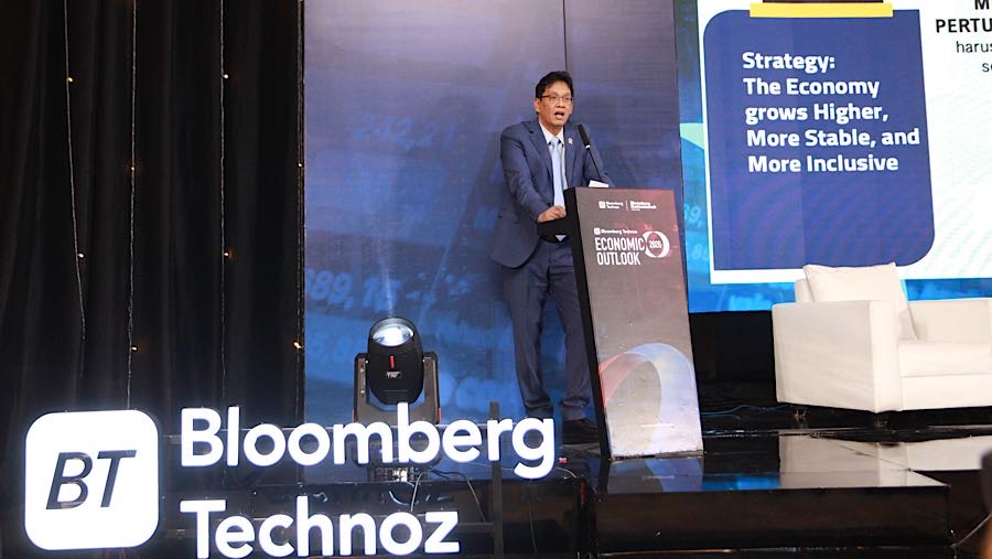 Menkeu Purbaya Yudhi Sadewa saat Bloomberg Technoz Economic Outlook 2026 di Jakarta, Kamis (12/2/2026). (Bloomberg Technoz/Andrean Kristianto)