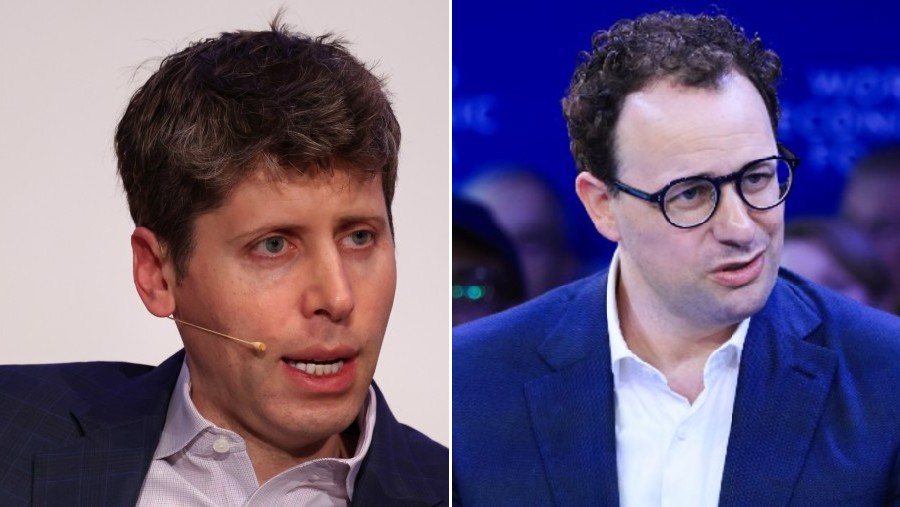 Sam Altman dan Dario Amodei menolak bergandeng tangan di AI Summit India. dok: kolase Bloomberg