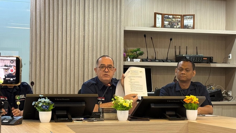 Direktur Utama PT Agrinas Pangan Nusantara Joao Angelo De Sousa Mota dalam Konferensi Pers (Selasa/24/2/2026) (Bloomberg Technoz/ Sultan Ibnu)