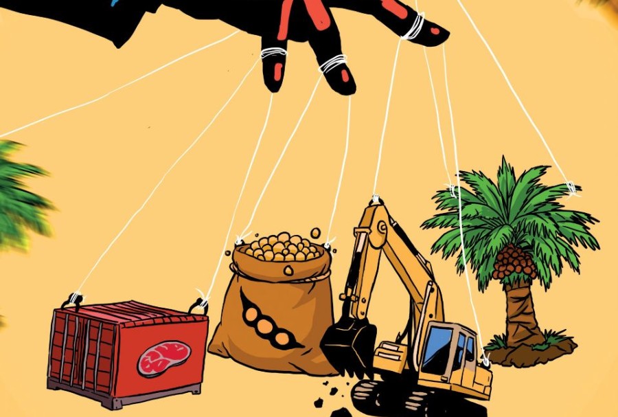 Ilustrasi menggambarkan perluasan peran negara di berbagai sektor ekonomi. Ilustrasi oleh Arie Pratama/Bloomberg Businessweek Indonesia