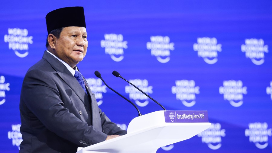 Presiden Prabowo Subianto berpidato di World Economic Forum di Davos, Swiss, 22 Januari 2026 (Bloomberg/Krisztian Bocsi)