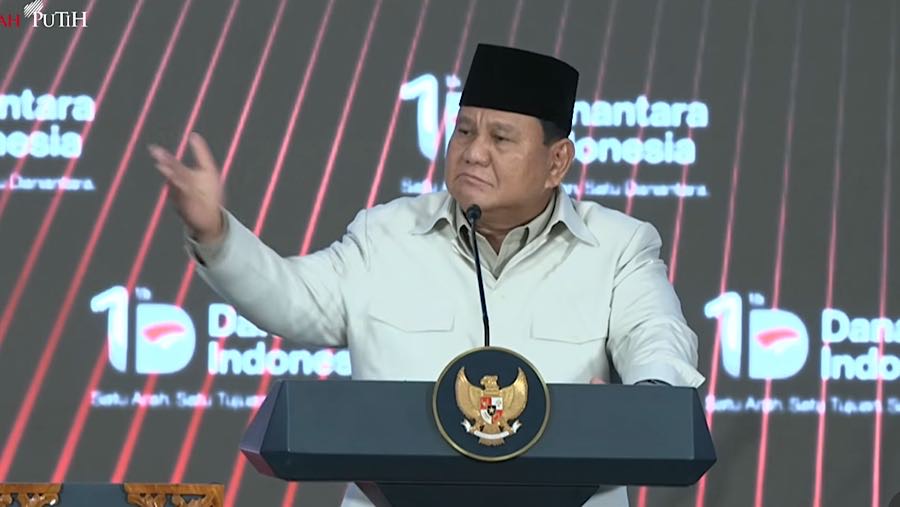 Presiden Prabowo Hadiri saat menghadiri Tasyakuran HUT ke-1 Danantara Indonesia, Jakarta. (Tangkapan Layar Youtube Setpres)
