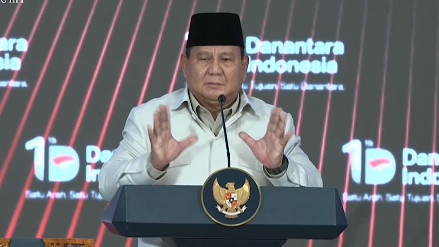 Presiden Prabowo Hadiri saat menghadiri Tasyakuran HUT ke-1 Danantara Indonesia, Jakarta. (Tangkapan Layar Youtube Setpres)
