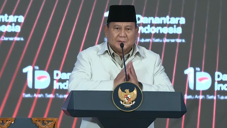 Presiden Prabowo Hadiri saat menghadiri Tasyakuran HUT ke-1 Danantara Indonesia, Jakarta. (Tangkapan Layar Youtube Setpres)
