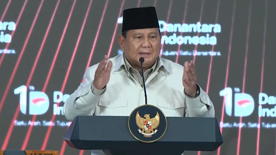 Presiden Prabowo Hadiri saat menghadiri Tasyakuran HUT ke-1 Danantara Indonesia, Jakarta. (Tangkapan Layar Youtube Setpres)
