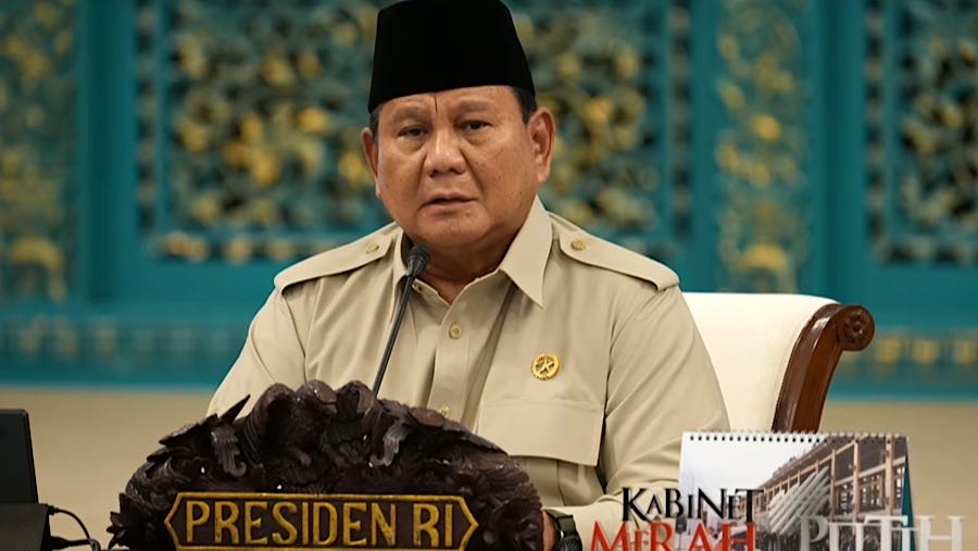 Presiden Prabowo saat Sidang Kabinet Paripurna, Istana Negara. (Tangkapan Layar Youtube Setpres)
