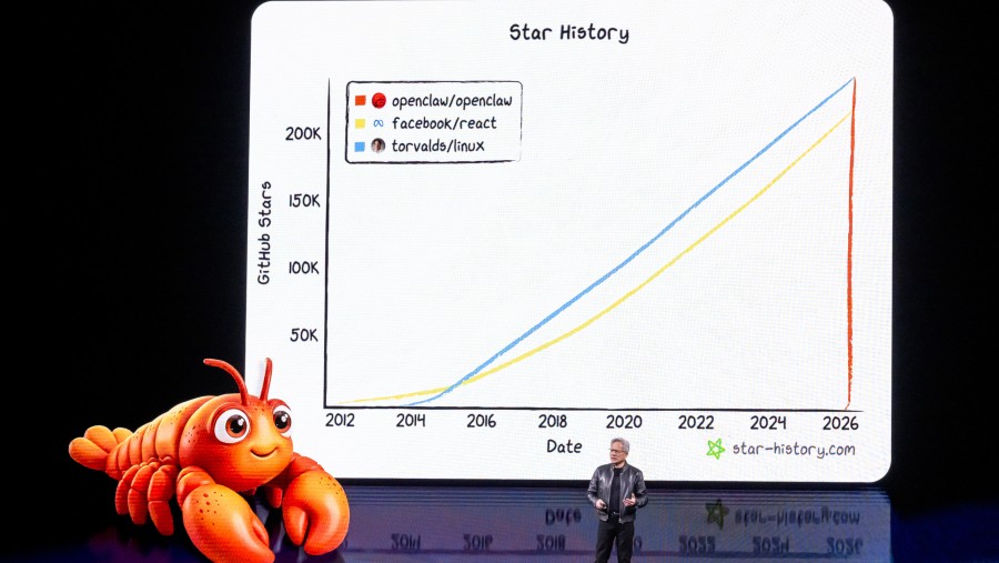 Jensen Huang pamerkan sistem operasi open-source dan platform agen AI NemoClaw, bersaing dengan Linux dan React. (David Paul Morris/Bloomberg)