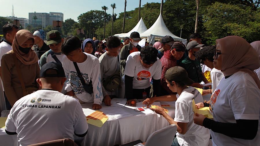 Pada tahun ini, tema yang diambil oleh Pemerintah DKI Jakarta adalah Mudik Gratis ‘dari Jakarta untuk keluarga’. (Bloomberg Technoz/Andrean)