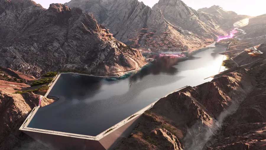 Ilustrasi proyek danau buatan di pegunungan wilayah Arab Saudi lengkap dengan fasilitas ski di tengah gurun. (Dok. Webuild)