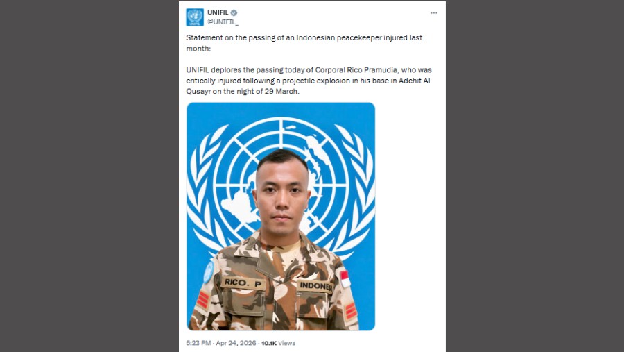 UNIFIL laporkan Praka Rico Pramudia meninggal dunia usai menjalani perawatan intensif usai kena peluru Tank Israel. (Akun X @UNIFIL_)