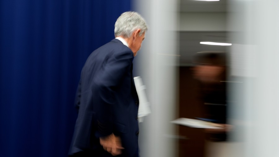 Gubenur Fed Jerome Powell usai memberi keterangan atas hasil rapat FOMC terbaru, Rabu (29/4/2026). dok: Bloomberg