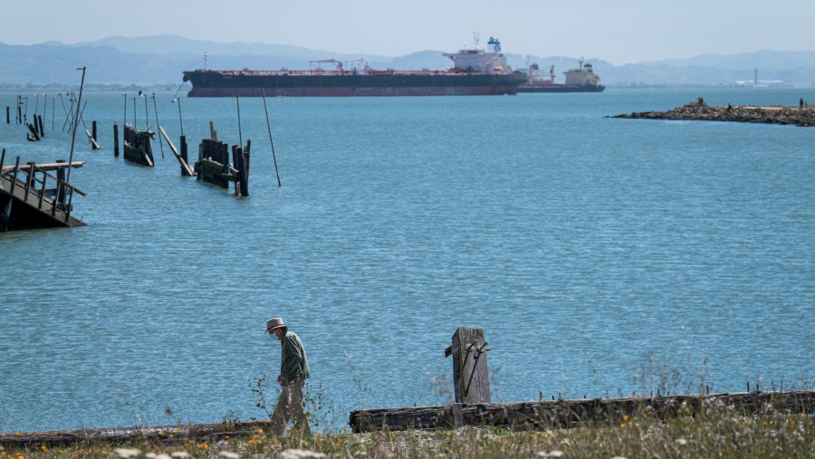 Seseorang yang mengenakan masker pelindung berjalan di sepanjang tepi pantai Herons Head Park di San Francisco, California, AS./Bloomberg-David Paul M
