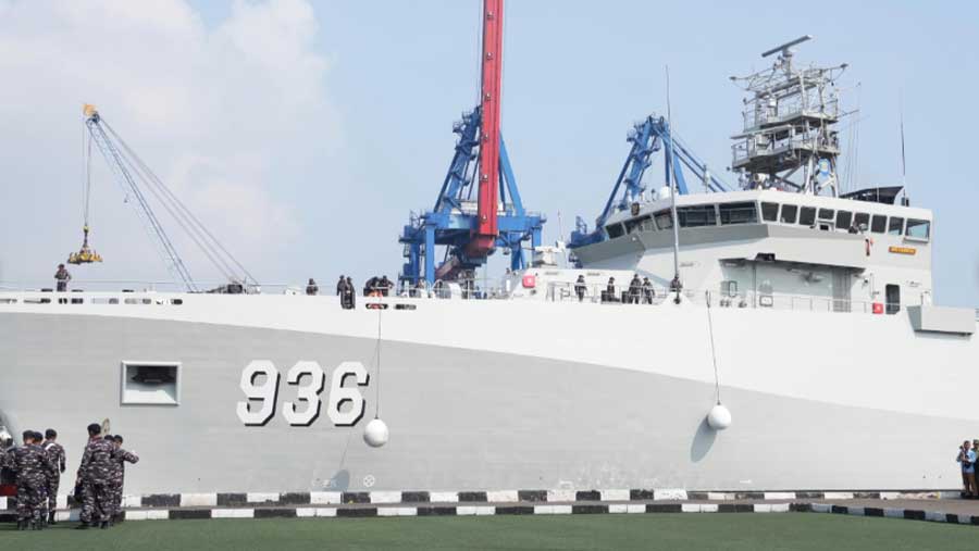 Penyambutan kedatangan KRI Canopus-936 di Mako Kolinlamil, Jakarta, pada Senin (11/5). (Dok. Instagram @kemhanri)