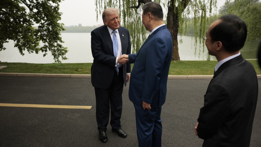 Presiden AS Donald Trump dan Presiden China Xi Jinping di Beijing, Jumat (15/5/2026)./dok. Bloomberg