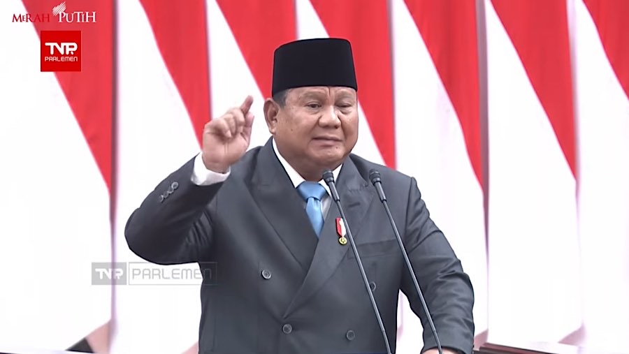 Presiden Prabowo Subianto saat pidato pada rapat paripurna DPR ke-19 masa persidangan V tahun 2025-2026. (Youtube Setpres)