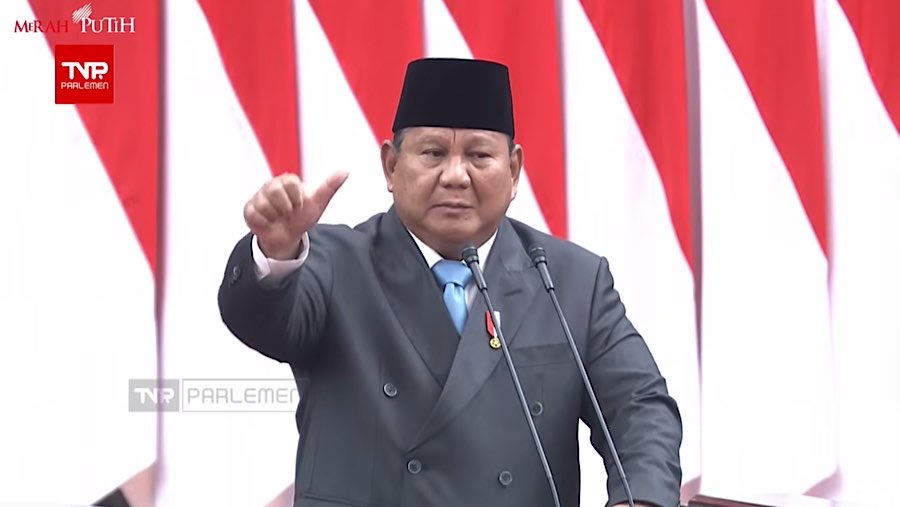 Presiden Prabowo Subianto saat pidato pada rapat paripurna DPR ke-19 masa persidangan V tahun 2025-2026. (Youtube Setpres)