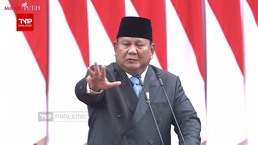 Presiden Prabowo Subianto saat pidato pada rapat paripurna DPR ke-19 masa persidangan V tahun 2025-2026. (Youtube Setpres)