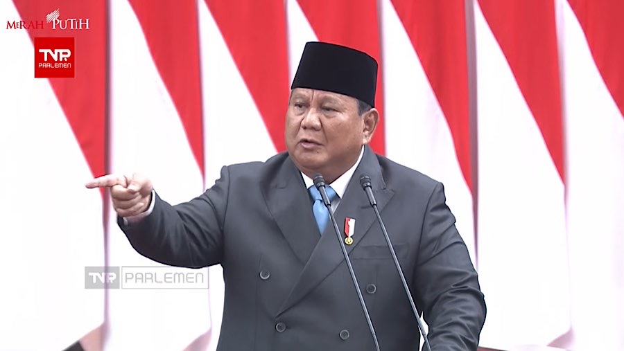 Presiden Prabowo Subianto saat pidato pada rapat paripurna DPR ke-19 masa persidangan V tahun 2025-2026. (Youtube Setpres)