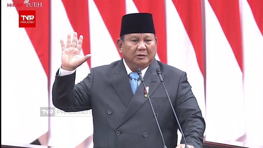 Presiden Prabowo Subianto saat pidato pada rapat paripurna DPR ke-19 masa persidangan V tahun 2025-2026. (Youtube Setpres)