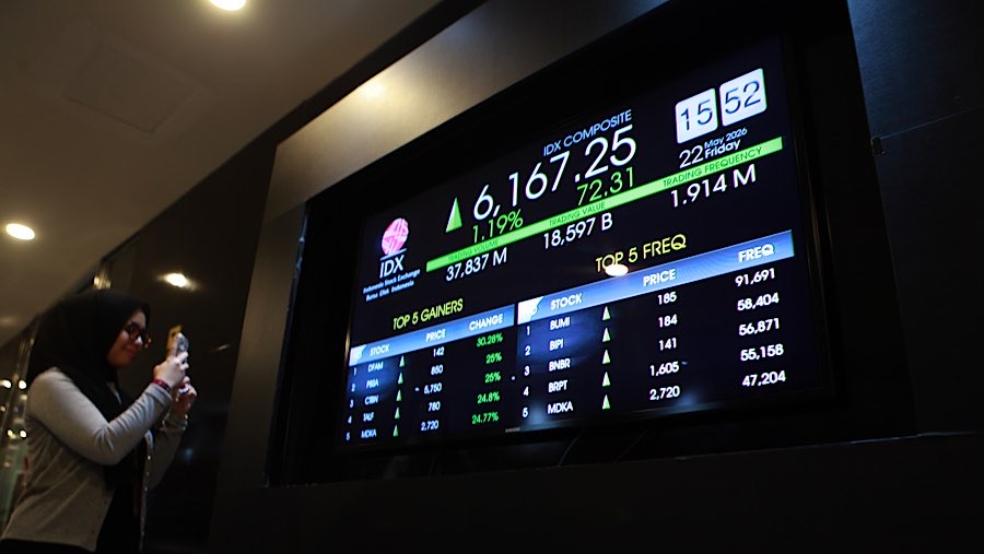 Karyawan memfoto layar pergerakan harga saham (IHSG) di Bursa Efek Indonesia (BEI), Jumat (22/6/2026). (Bloomberg Technoz/Andrean Kristianto)