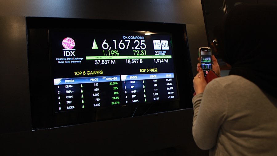 Karyawan memfoto layar pergerakan harga saham (IHSG) di Bursa Efek Indonesia (BEI), Jumat (22/6/2026). (Bloomberg Technoz/Andrean Kristianto)