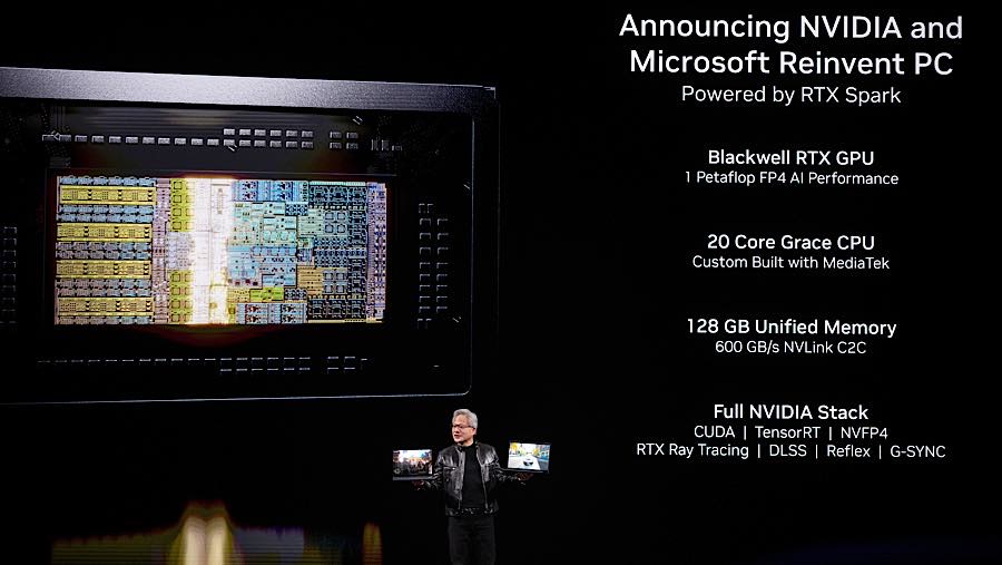 Jensen Huang, CEO Nvidia Corp., berbicara tentang laptop RTX Spark di Computex 2026 di Taipei, Taiwan, Senin (1/6/2026). (Lam Yik Fei/Bloomberg)