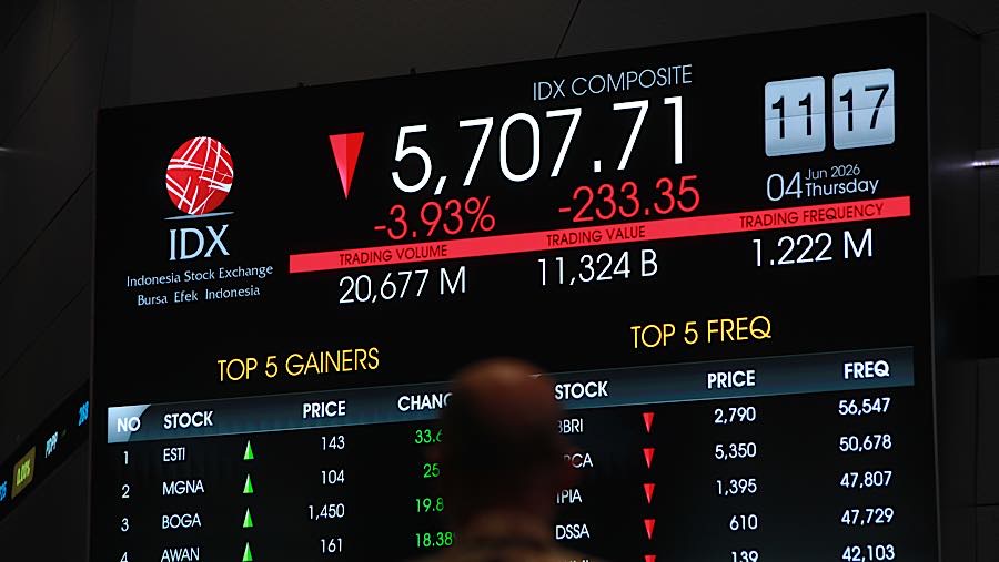 Karyawan di depan layar pergerakan harga saham (IHSG) di Bursa Efek Indonesia (BEI), Kamis (4/6/2026). (Bloomberg Technoz/Andrean Kristianto)