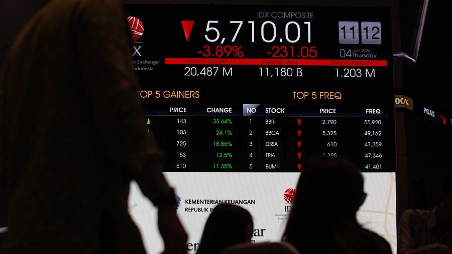 Karyawan di depan layar pergerakan harga saham (IHSG) di Bursa Efek Indonesia (BEI), Kamis (4/6/2026). (Bloomberg Technoz/Andrean Kristianto)
