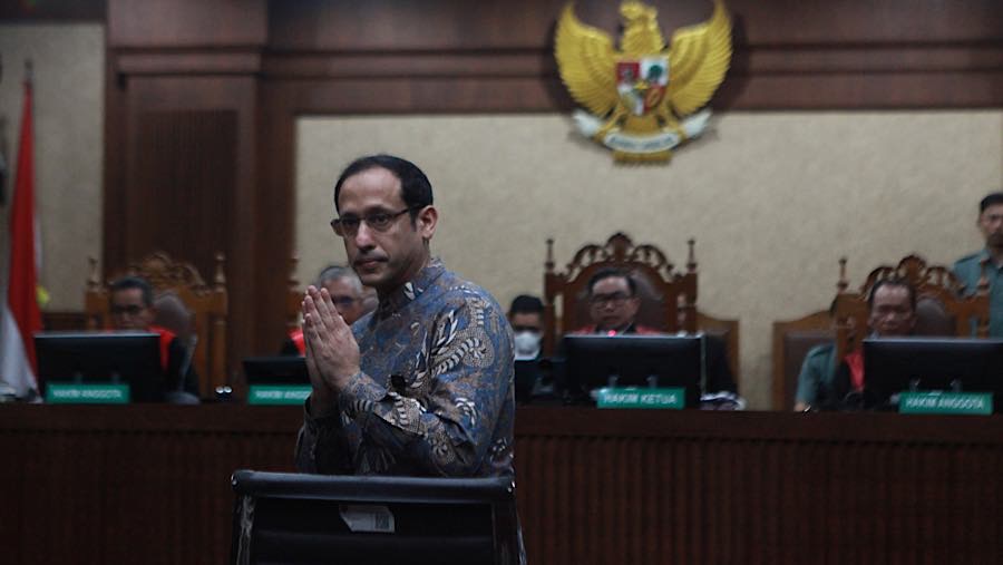 Terdakwa, Nadiem Anwar Makarim saat sidang putusan di Pengadilan Tipikor, Jakarta, Selasa (30/6/2026). (Bloomberg Technoz/Andrean Kristianto)

