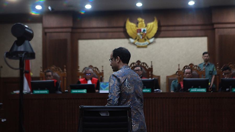Terdakwa, Nadiem Anwar Makarim saat sidang putusan di Pengadilan Tipikor, Jakarta, Selasa (30/6/2026). (Bloomberg Technoz/Andrean Kristianto)