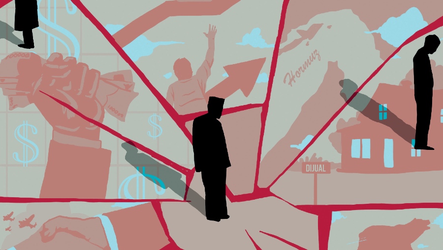 Ilustrator: Arie Pratama. Ilustrasi menunjukkan efek gejolak geopolitik yang masih membebani perekonomian Indonesia. Bloomberg Businessweek Indonesia