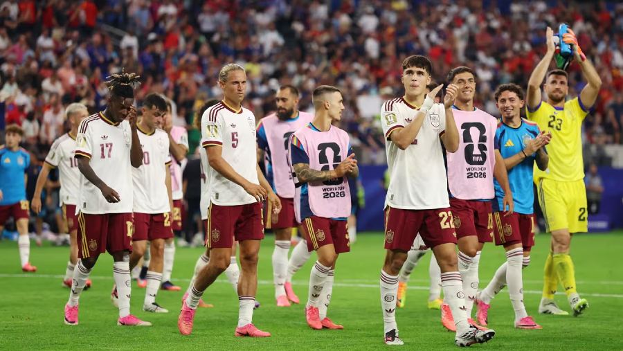 Aksi kemenangan Spayol melawan Prancis di AT&T Stadium, Arlington pada partai semi final Piala Dunia 2026. dok: FIFA