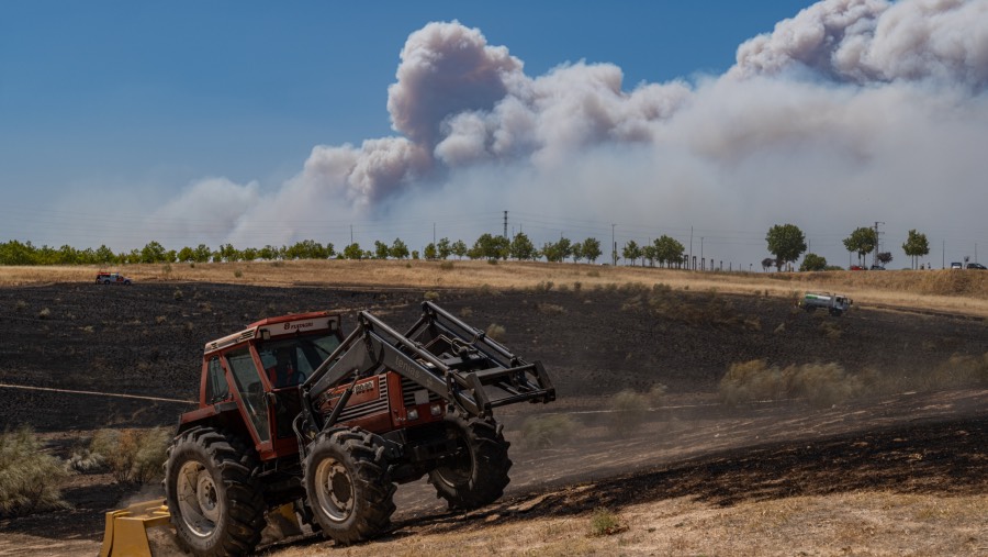 Sebuah traktor bekerja di tanah hangus sementara asap dari kebakaran hutan mengepul di Madrid, Spanyol (Fotografer: Emilio P. Doiztua/Bloomberg)