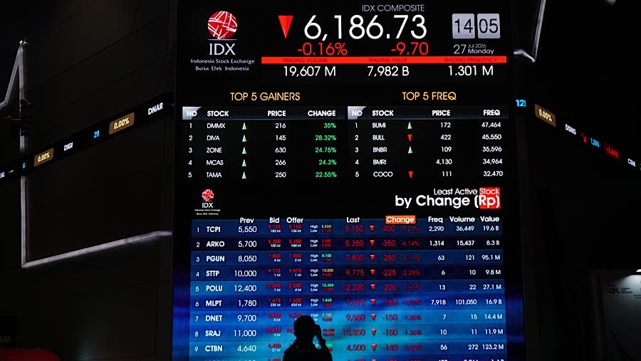 Karyawan di depan layar pergerakan harga saham (IHSG) di Bursa Efek Indonesia (BEI), Senin (27/7/2026). (Bloomberg Technoz/Andrean Kristianto)