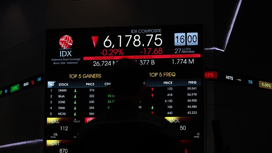 Karyawan di depan layar pergerakan harga saham (IHSG) di Bursa Efek Indonesia (BEI), Senin (27/7/2026). (Bloomberg Technoz/Andrean Kristianto)