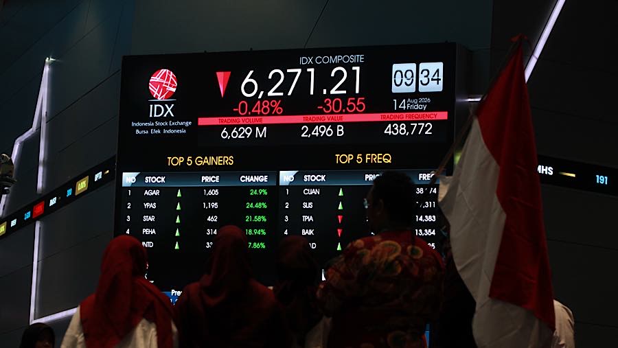 Karyawan di depan layar pergerakan harga saham (IHSG) di Bursa Efek Indonesia (BEI), Jumat (14/8/2026). (Bloomberg Technoz/Andrean Kristianto)