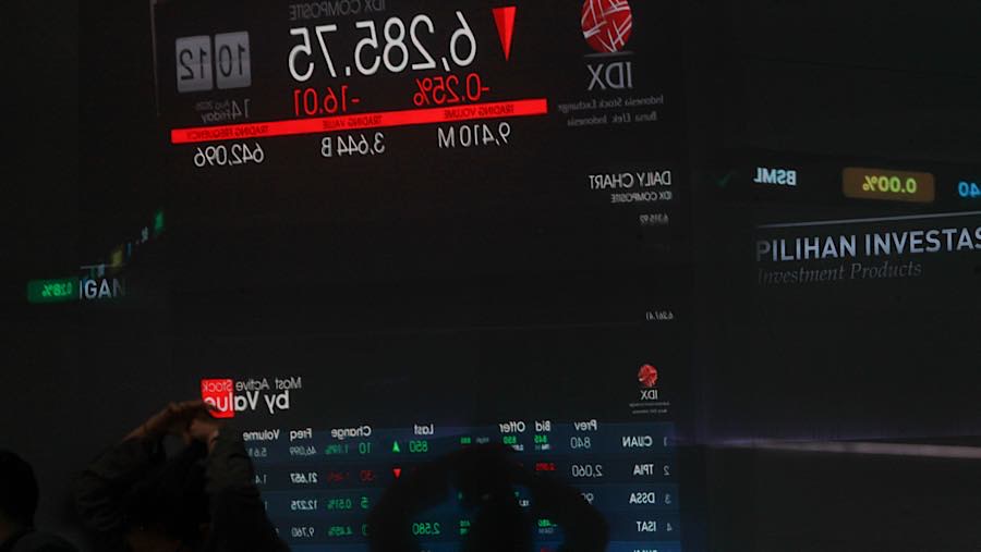 Karyawan di depan layar pergerakan harga saham (IHSG) di Bursa Efek Indonesia (BEI), Jumat (14/8/2026). (Bloomberg Technoz/Andrean Kristianto)