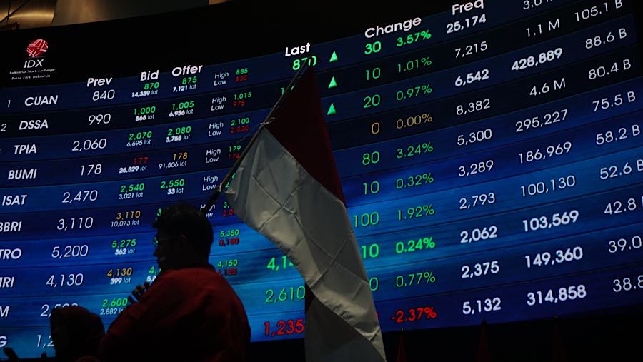 Karyawan di depan layar pergerakan harga saham (IHSG) di Bursa Efek Indonesia (BEI), Jumat (14/8/2026). (Bloomberg Technoz/Andrean Kristianto)