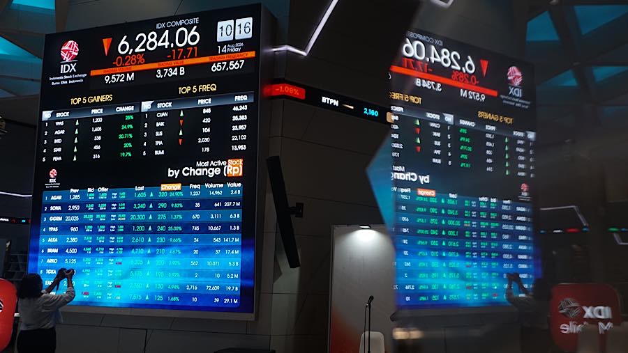 Karyawan di depan layar pergerakan harga saham (IHSG) di Bursa Efek Indonesia (BEI), Jumat (14/8/2026). (Bloomberg Technoz/Andrean Kristianto)