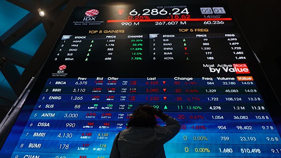 Karyawan di depan layar pergerakan harga saham (IHSG) di Bursa Efek Indonesia (BEI), Jumat (14/8/2026). (Bloomberg Technoz/Andrean Kristianto)