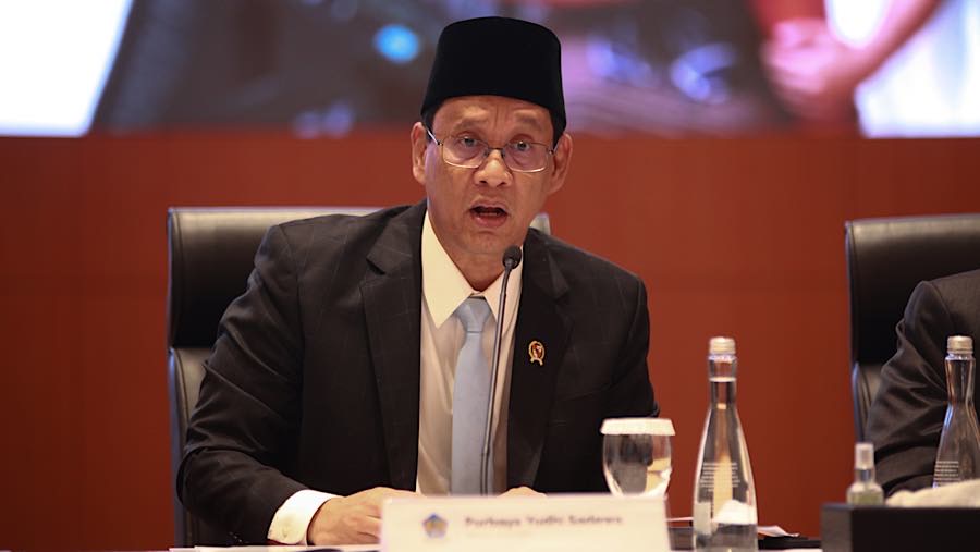 Menkeu Purbaya Yudhi Sadewa saat konferensi pers Nota Keuangan dan RAPBN 2027 di Jakarta, Jumat (14/8/2026). (Bloomberg Technoz/Andrean Kristianto)