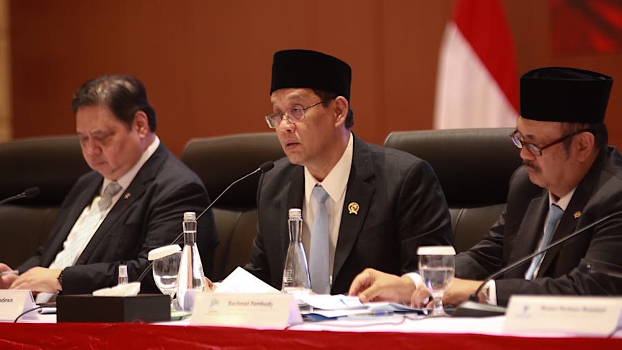Menkeu Purbaya Yudhi Sadewa saat konferensi pers Nota Keuangan dan RAPBN 2027 di Jakarta, Jumat (14/8/2026). (Bloomberg Technoz/Andrean Kristianto)