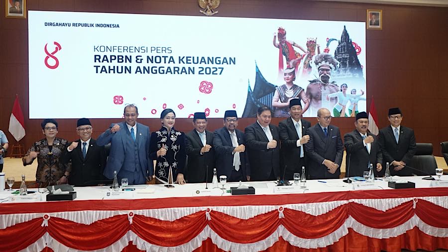 Konferensi pers Nota Keuangan dan RAPBN 2027 di Jakarta, Jumat (14/8/2026). (Bloomberg Technoz/Andrean K)