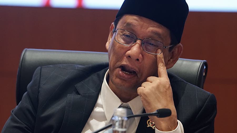 Menkeu Purbaya Yudhi Sadewa saat konferensi pers Nota Keuangan dan RAPBN 2027 di Jakarta, Jumat (14/8/2026). (Bloomberg Technoz/Andrean Kristianto)
