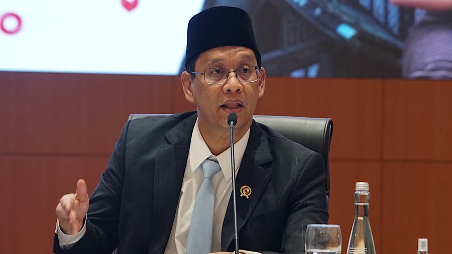 Menkeu Purbaya Yudhi Sadewa saat konferensi pers Nota Keuangan dan RAPBN 2027 di Jakarta, Jumat (14/8/2026). (Bloomberg Technoz/Andrean Kristianto)
